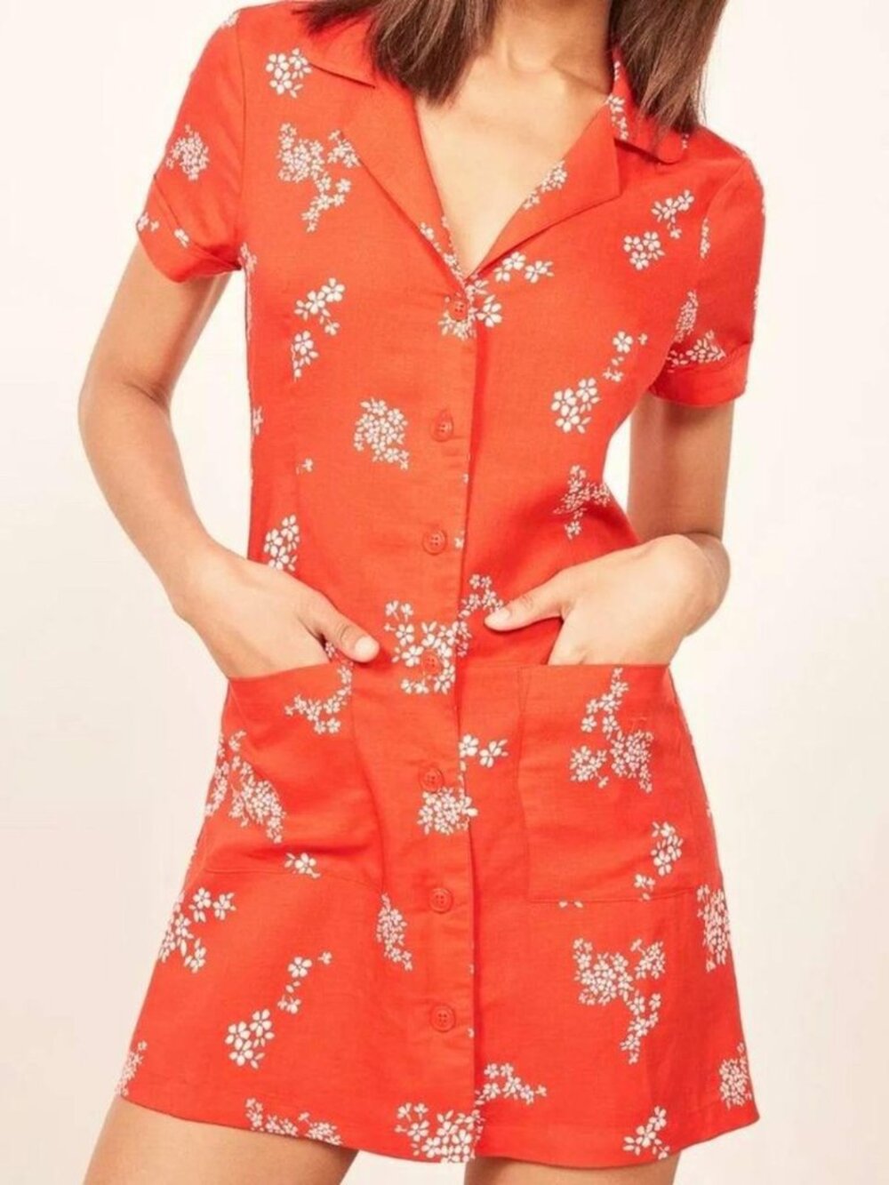 Reformation Plymouth Dress in Marina red floral mini shirtdress cottagecore boho